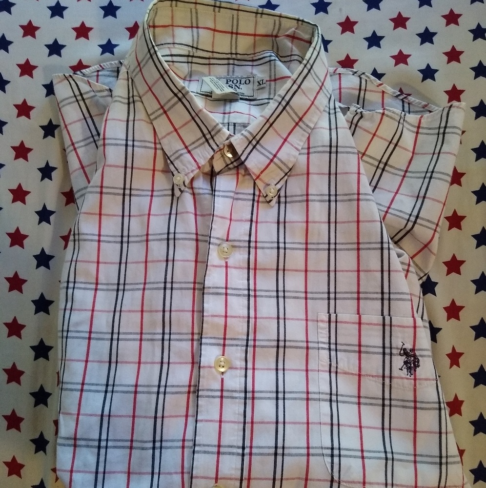 Men's White Plaid Polo Shirt Short Sleeve Size XL
